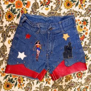 Vintage 1970s‎ Custom Leather Appliqué Denim Shorts Wonder Woman Spider Man